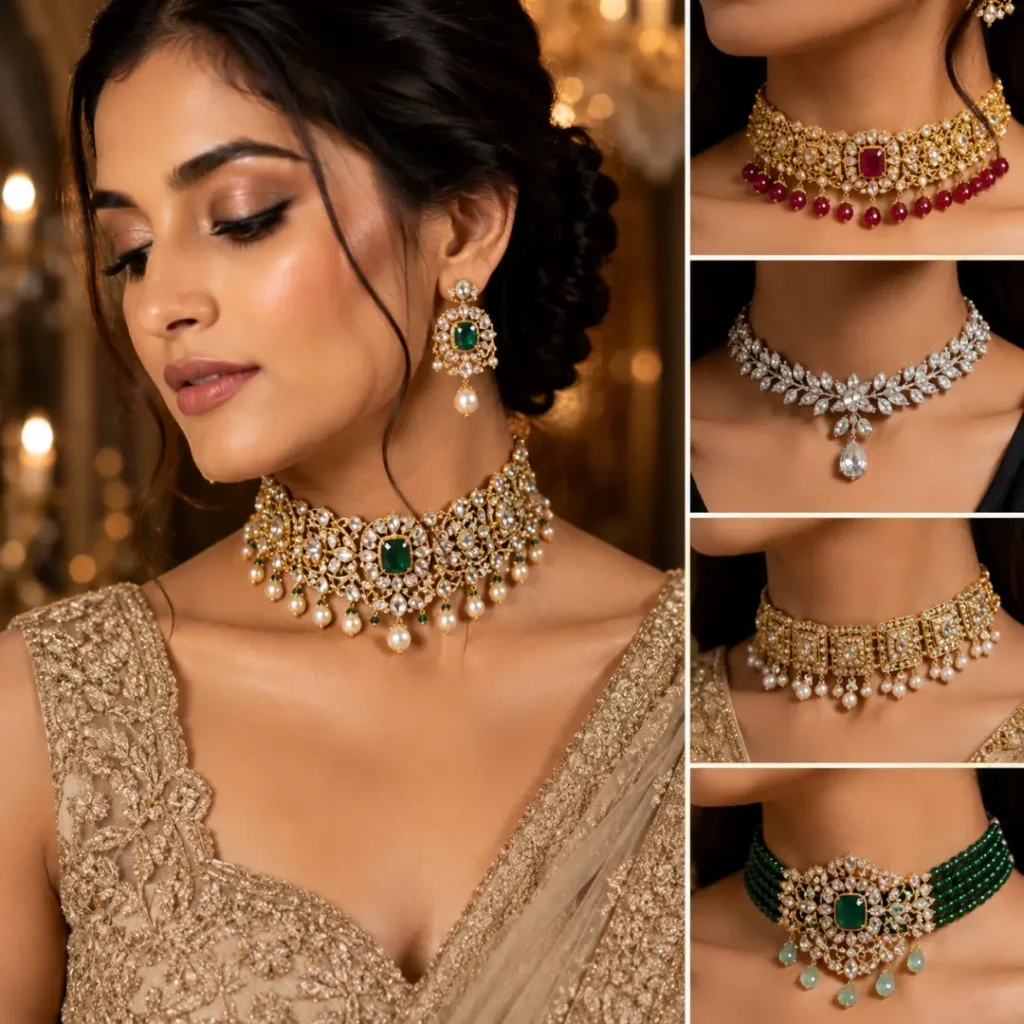 Elegant woman wearing a luxury royal choker necklace.