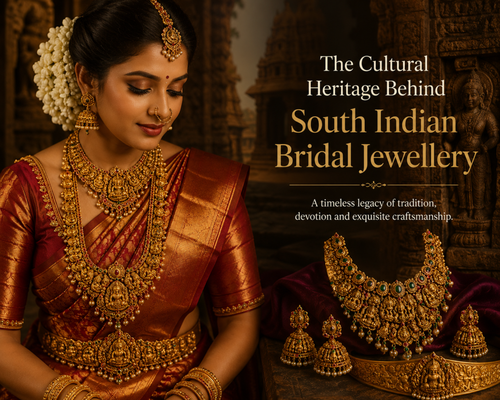 The Cultural Heritage Behind South Indian Bridal Jewellery Traditional South Indian bridal jewellery inspired by temple heritage with antique gold craftsmanship and emerald gemstone detailing.