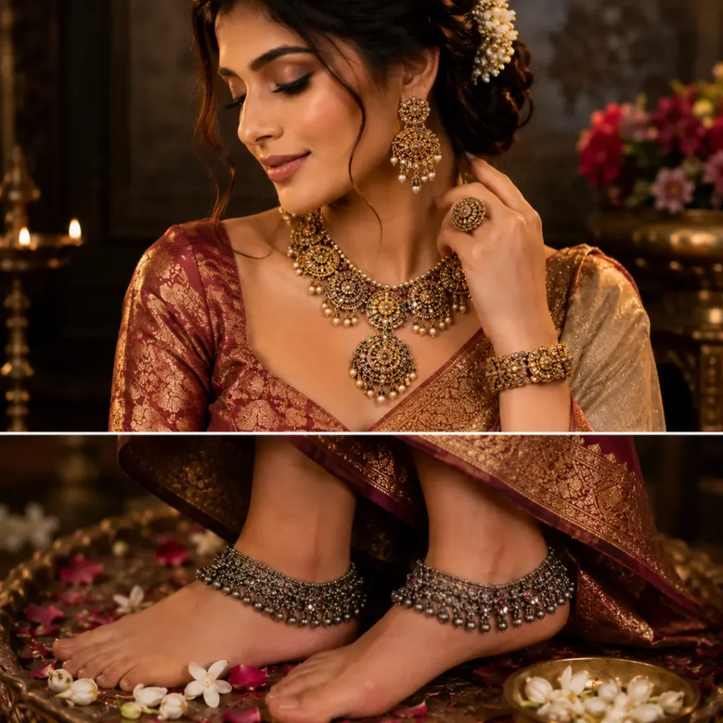 Woman wearing antique jewellery set with traditional anklets.