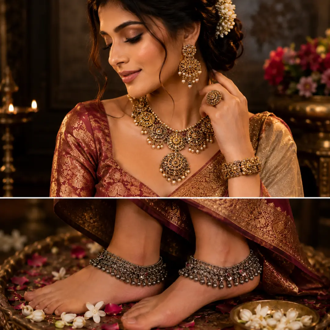 Woman wearing antique jewellery set with traditional anklets.