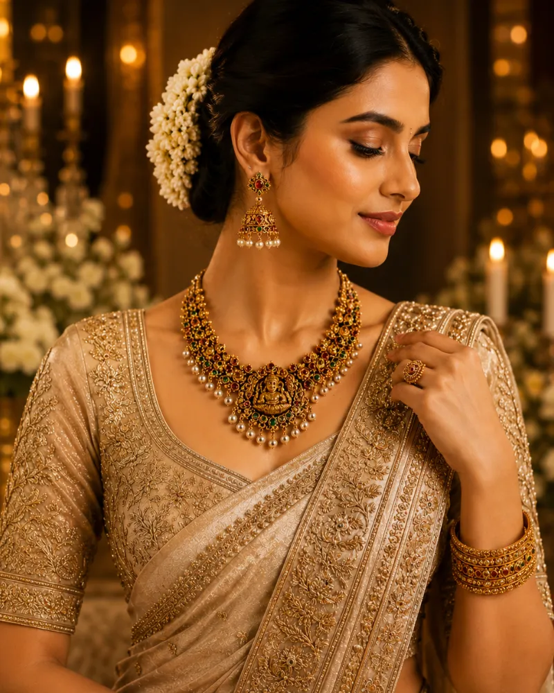 Bride wearing traditional temple jewelry with beige saree and jasmine flowers.