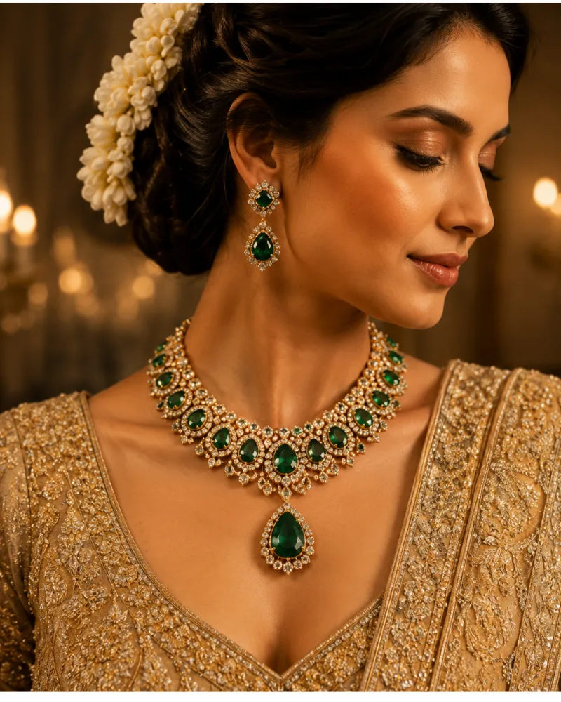 Woman wearing luxurious emerald gemstone jewellery.