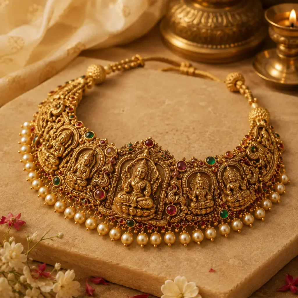 Antique temple choker necklace with goddess motif and intricate gold detailing.