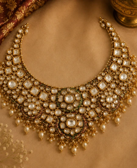 Luxurious Kundan Polki Jewellery featuring an elegant Kundan Necklace Set with uncut Polki stones, intricate craftsmanship, traditional motifs, and royal bridal elegance.