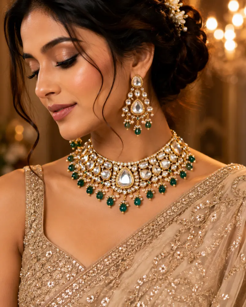 Woman wearing a royal Kundan Polki necklace set and earrings.