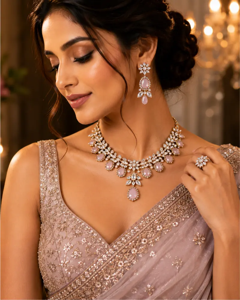 Modern stone necklace with saree styling on an elegant woman.