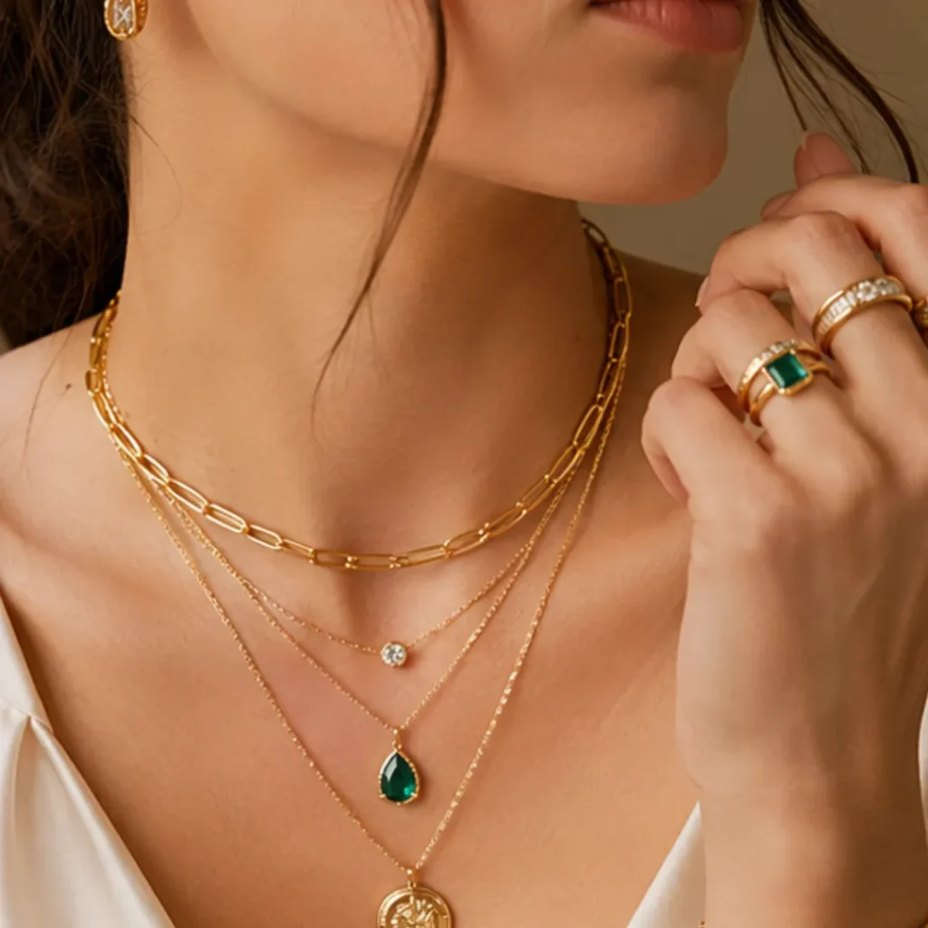 Woman wearing layered gold necklaces with emerald pendant and matching rings.