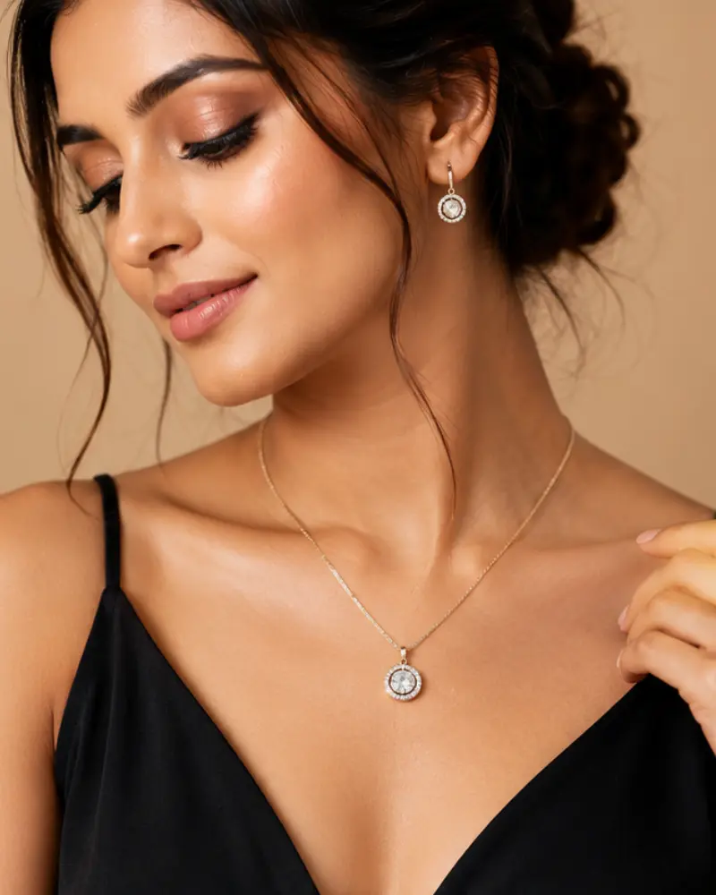 Woman wearing a trendy western necklace and modern jewellery.