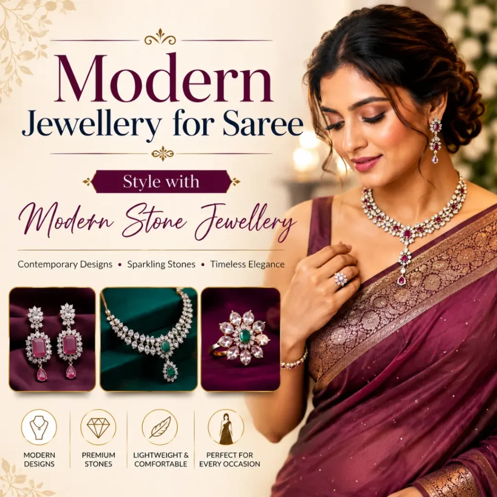 Woman wearing a luxurious saree styled with modern stone jewellery, featuring a sparkling gemstone necklace, statement earrings, and contemporary jewellery designs for elegant ethnic fashion.