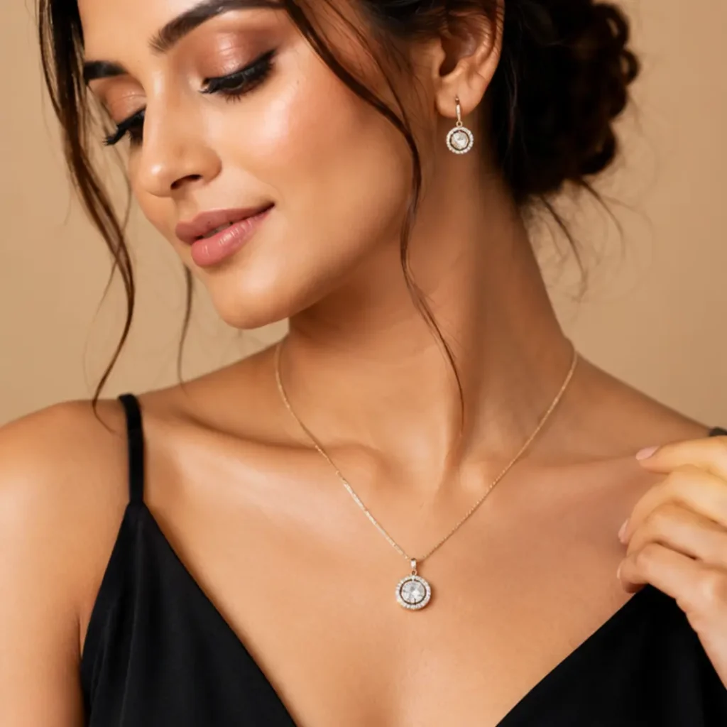 Elegant woman wearing a trendy western necklace featuring contemporary layered chains, stylish pendant jewellery, and modern fashion accessories for a sophisticated look.